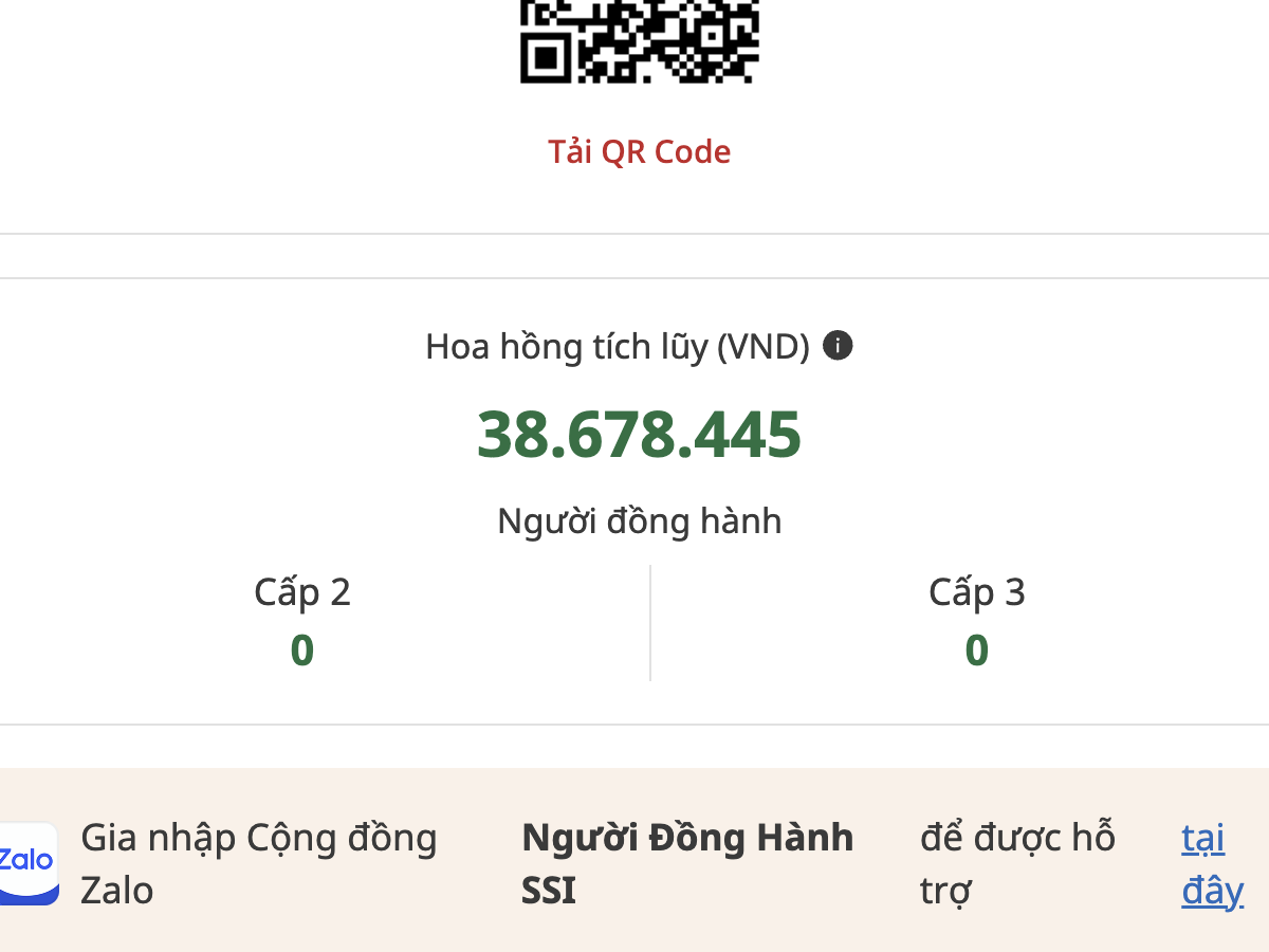 Ảnh chụp trang Người Đồng Hành của SSI, hoa hồng tích lũy 38.678.445 đồng